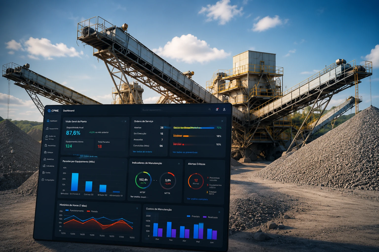 Dashboard do CPME para gestão de manutenção industrial e de equipamentos.